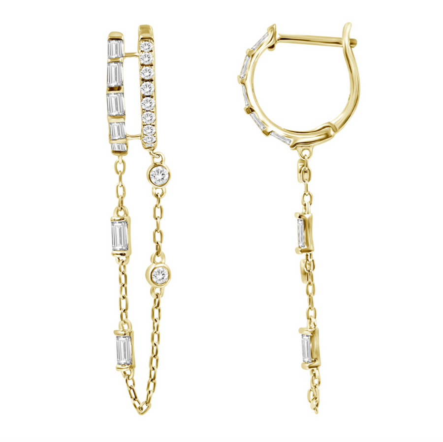 Fine Baguette & Round Diamond Dangle Chain Earrings