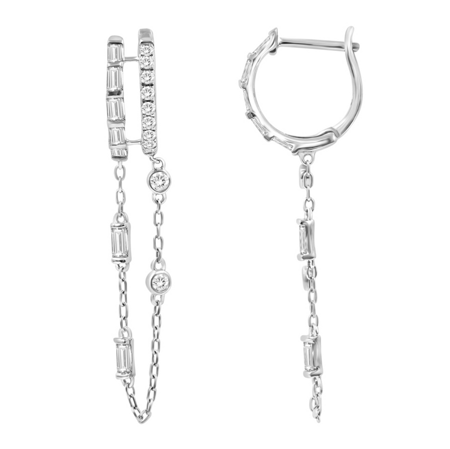 Fine Baguette & Round Diamond Dangle Chain Earrings