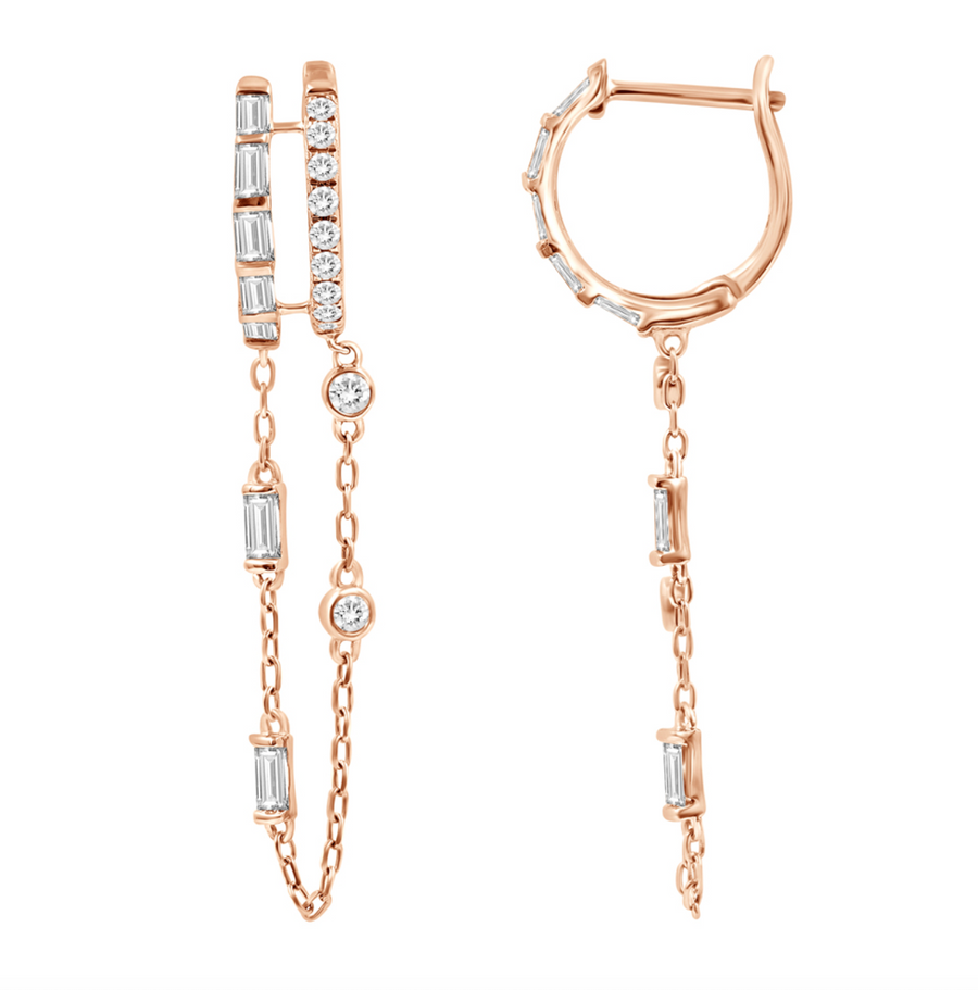 Fine Baguette & Round Diamond Dangle Chain Earrings