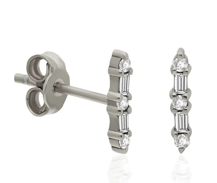 Fine Dainty Baguette Diamond Bar Studs