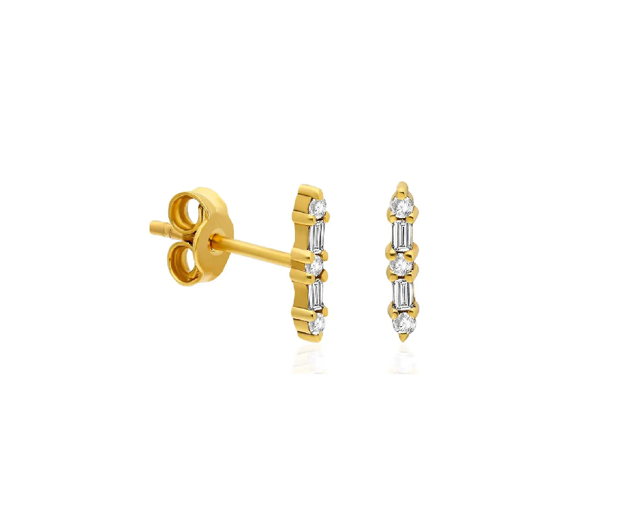 Fine Dainty Baguette Diamond Bar Studs